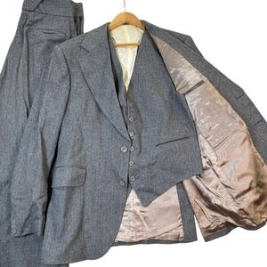 VTG ALEXANDRE Mens 40L 3 Piece 70s Suit TWEED Wool‎ Herringbone Gray Pants 36x31